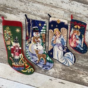 Set of 4 Embroidered Christmas Hanging Stockings
